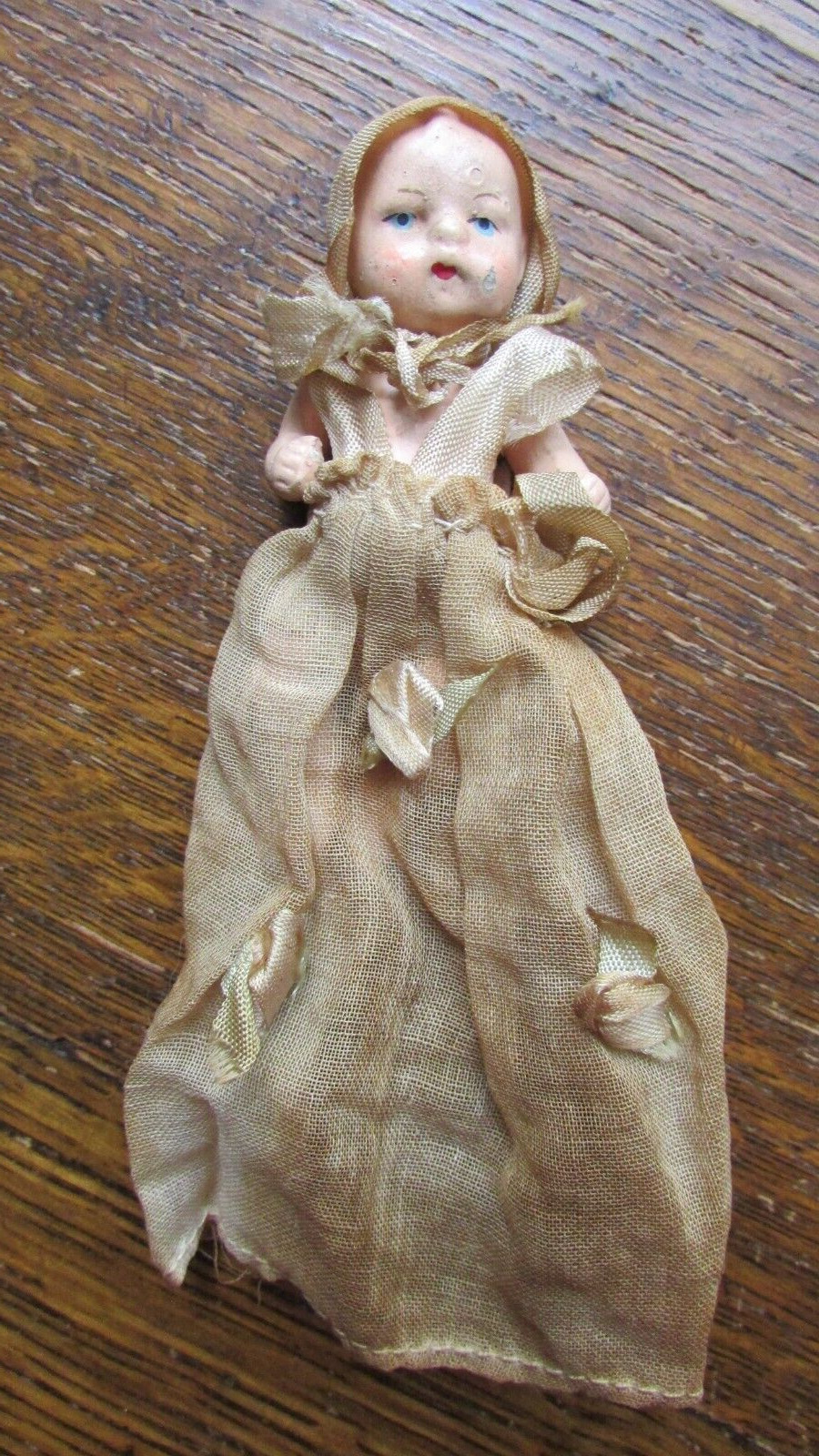 ANTIQUE 1800'S PAINTED BISQUE SMALL BABY DOLL ORIGINAL CLOTHES