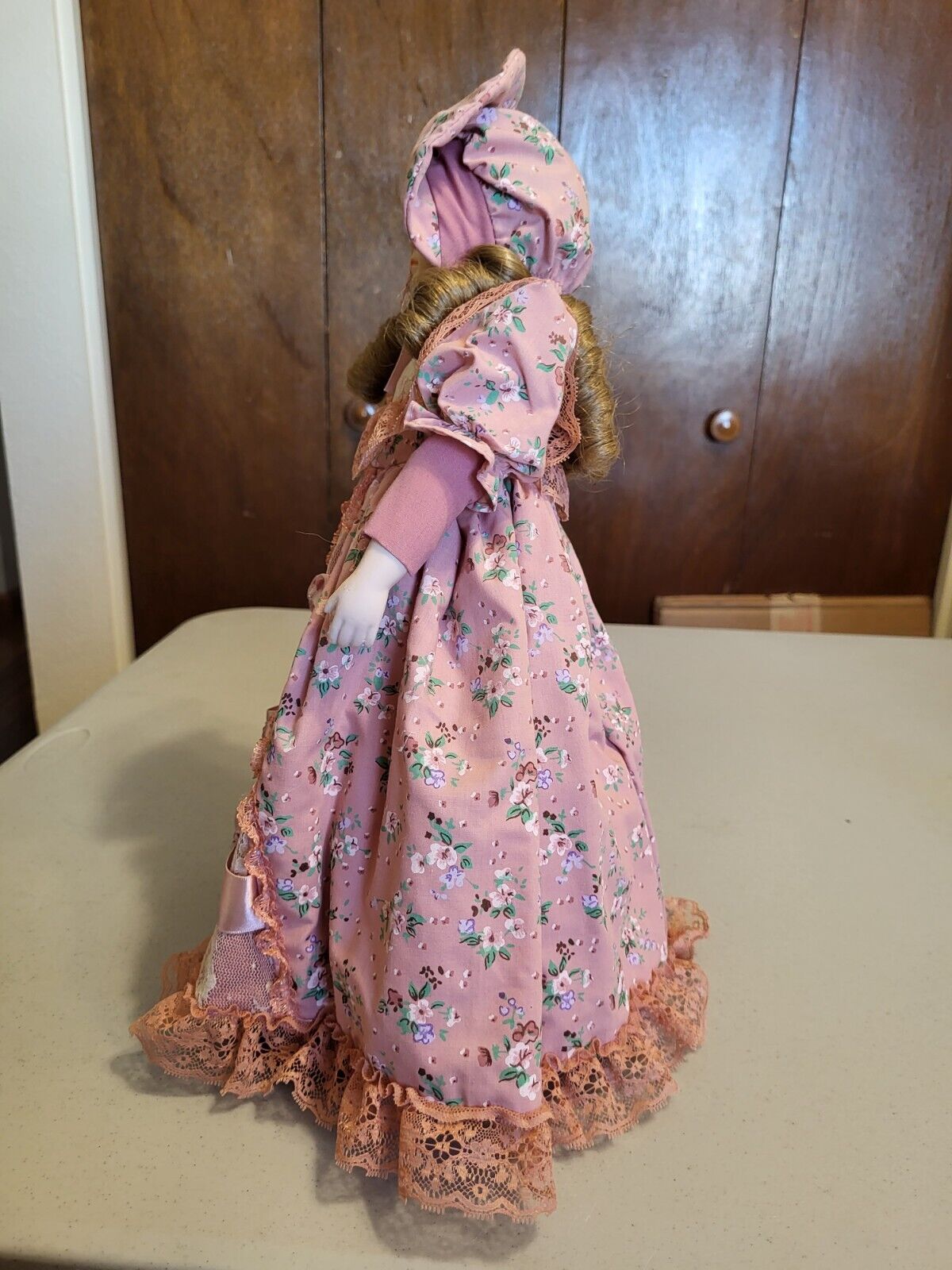 ANCO Porcelain Doll ~ Mauve & Rose Pink dress 15” ~ 1800s American style
