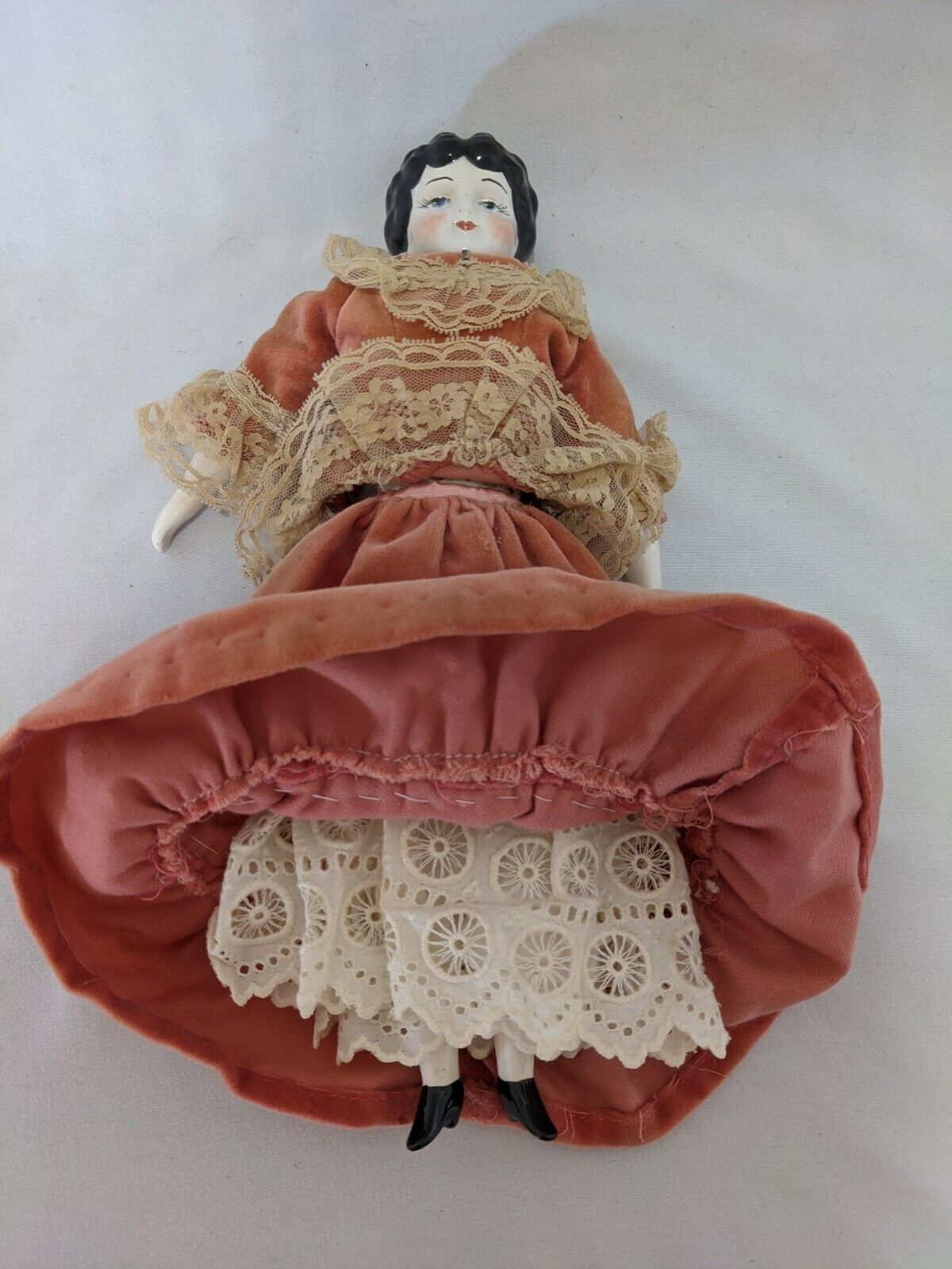 11.5" Vintage Porcelain 1800's China Doll w/ Original Cloth Body & Clothes 