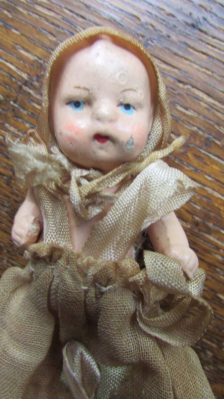 ANTIQUE 1800'S PAINTED BISQUE SMALL BABY DOLL ORIGINAL CLOTHES