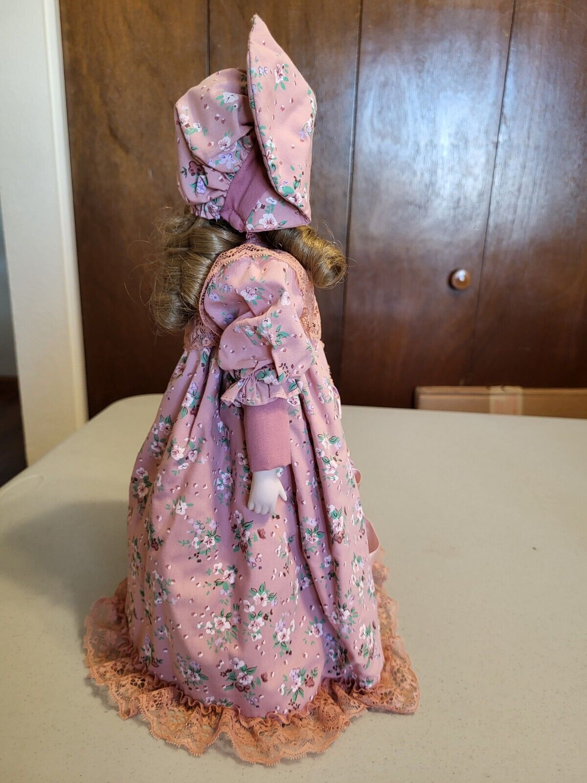 ANCO Porcelain Doll ~ Mauve & Rose Pink dress 15” ~ 1800s American style
