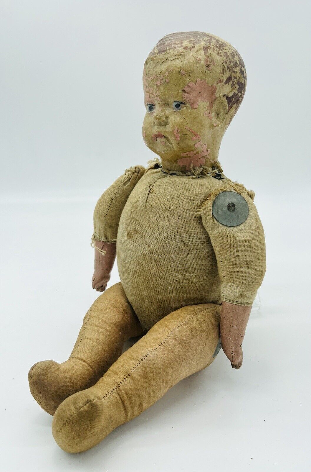 Antique Composition Doll with Molded Hair and Wooden Cradle Early 1900s