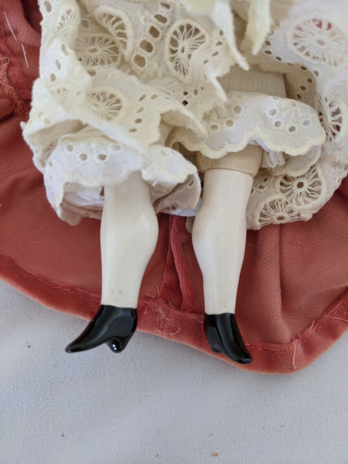 11.5" Vintage Porcelain 1800's China Doll w/ Original Cloth Body & Clothes 