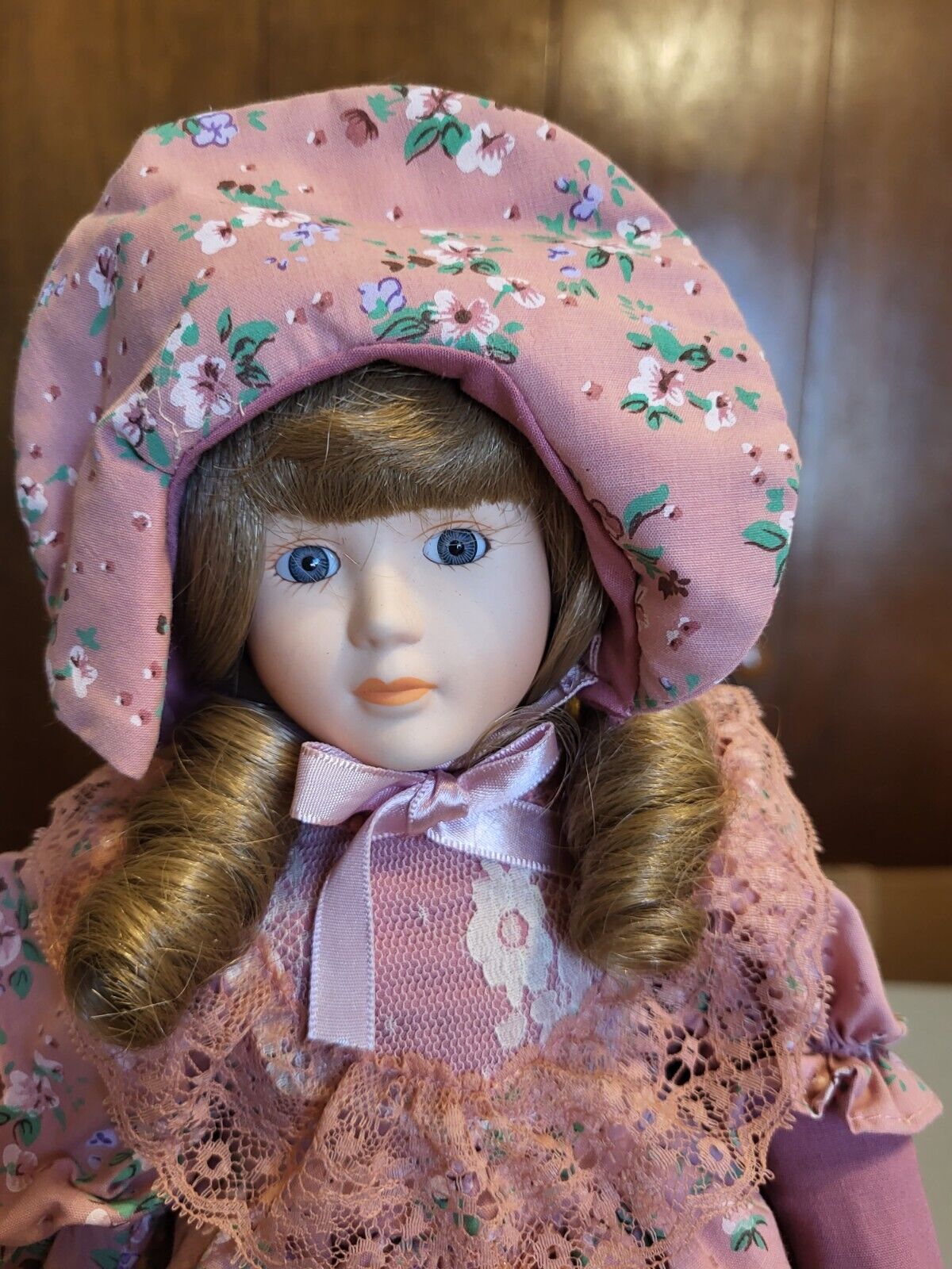 ANCO Porcelain Doll ~ Mauve & Rose Pink dress 15” ~ 1800s American style