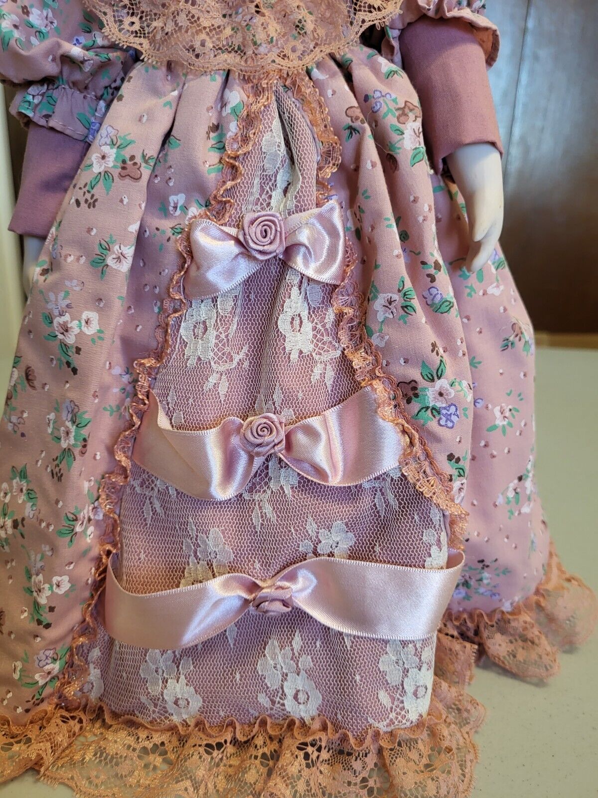 ANCO Porcelain Doll ~ Mauve & Rose Pink dress 15” ~ 1800s American style