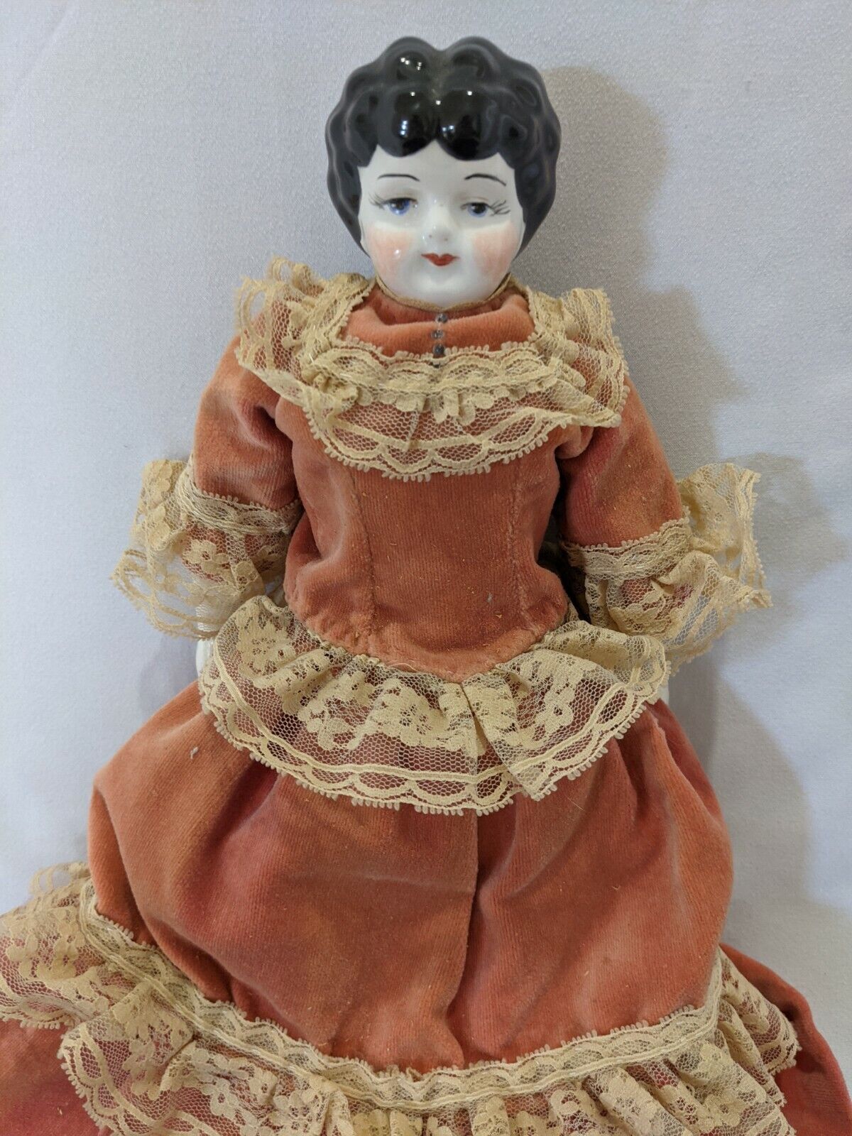 11.5" Vintage Porcelain 1800's China Doll w/ Original Cloth Body & Clothes 