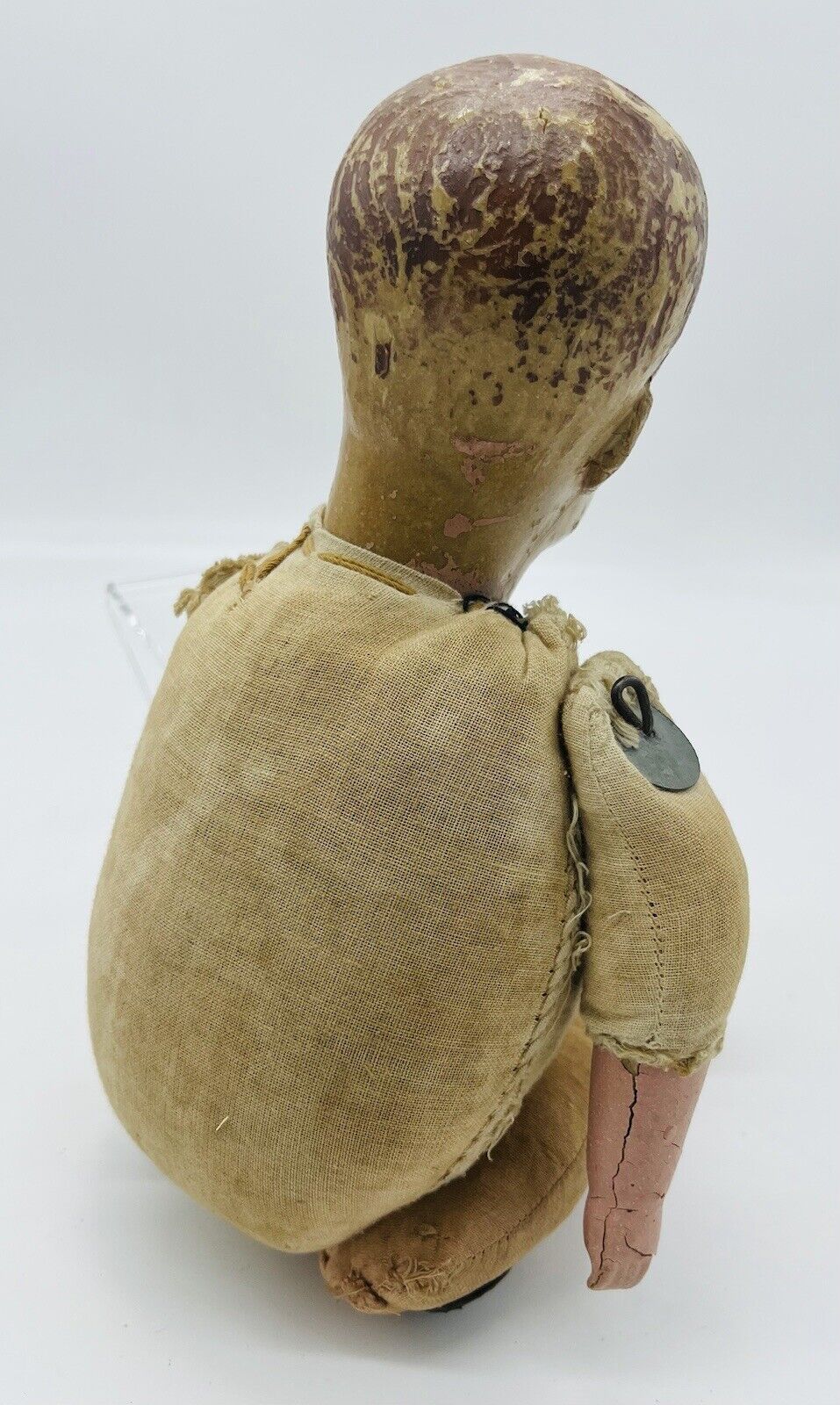 Antique Composition Doll with Molded Hair and Wooden Cradle Early 1900s