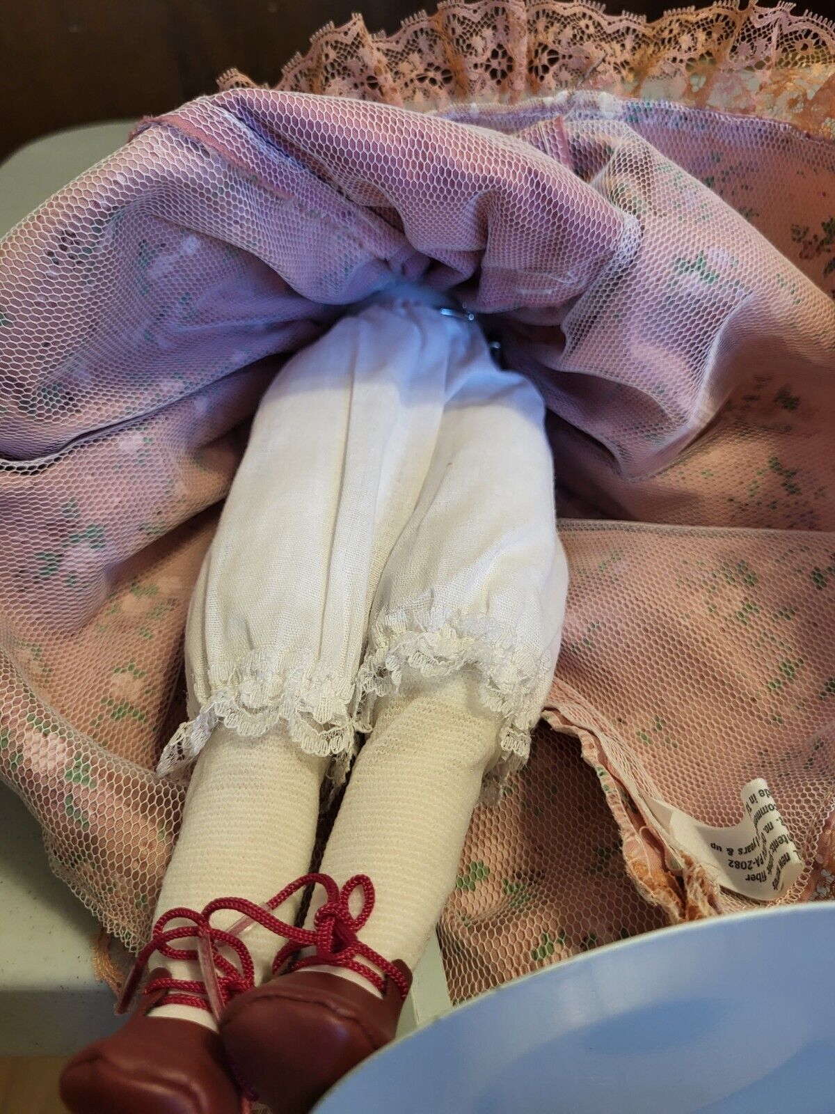 ANCO Porcelain Doll ~ Mauve & Rose Pink dress 15” ~ 1800s American style