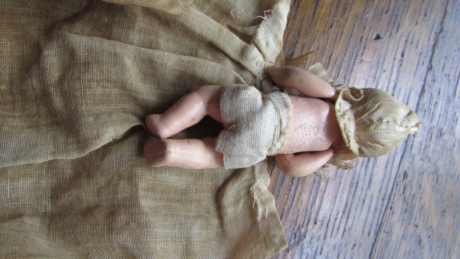 ANTIQUE 1800'S PAINTED BISQUE SMALL BABY DOLL ORIGINAL CLOTHES