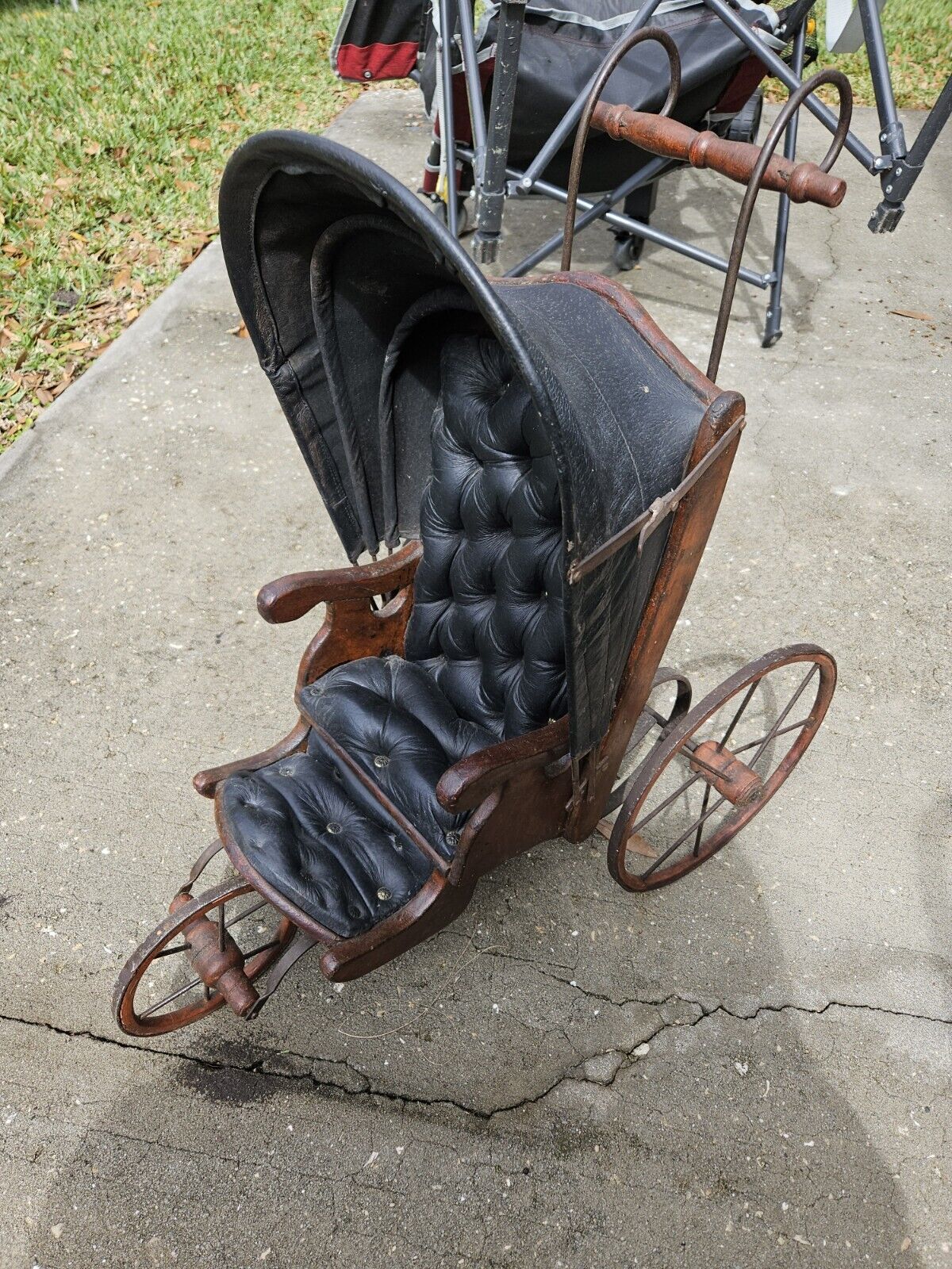 RARE ENGLISH WOODEN DOLL PERAMBULATOR OF MID-1800S 