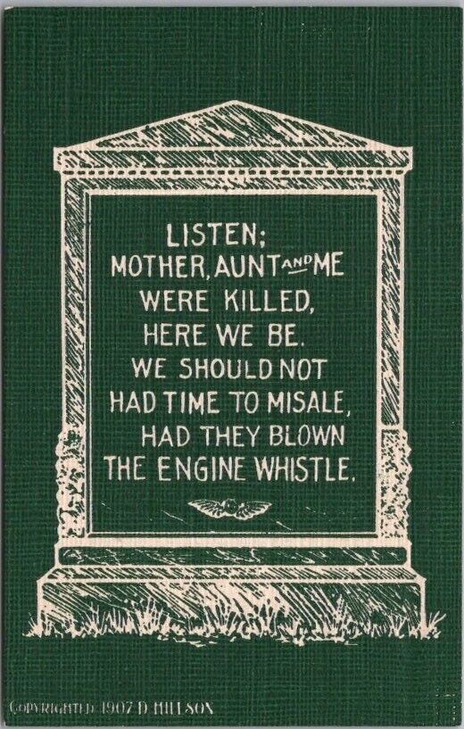 c1900s Comic Saying / Tombstone Postcard "Listen: Mother, Aunt and Me--" HILLSON