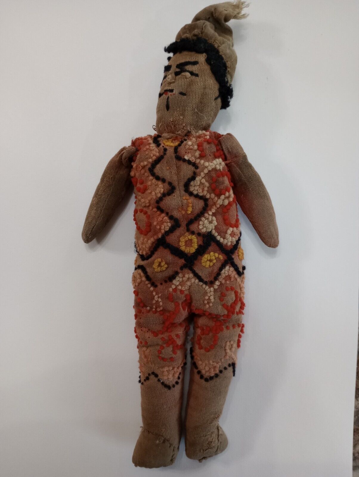 1800's Antique Saw Dust Cloth Candlewicking Jester Slave Doll Primitive Folk