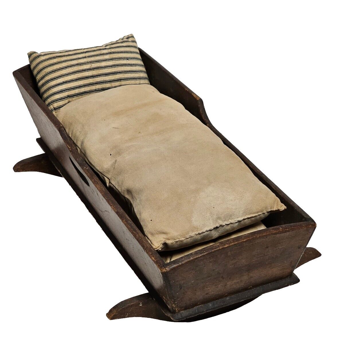 ANTIQUE 1800's Square Nail 17.5" Wooden Doll Cradle with Pillows, Mattress