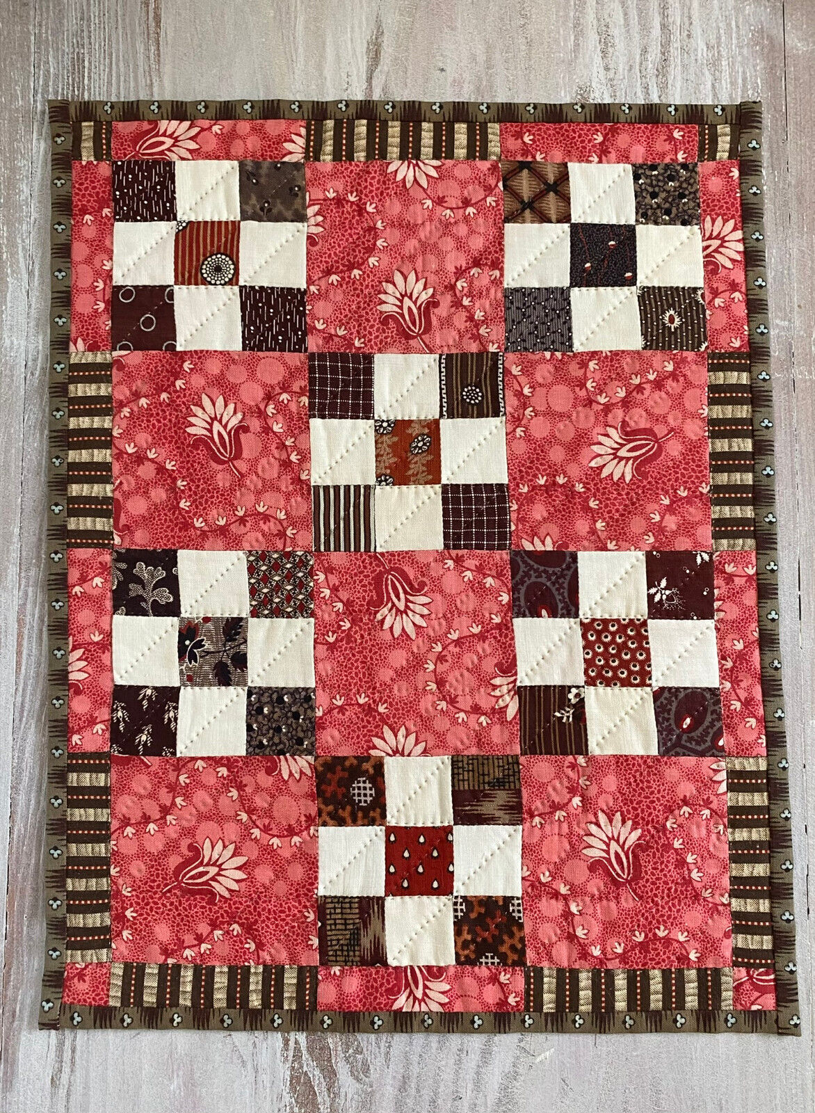 Miniature Doll Quilt 1800's Antique Fabric - Handquilted  10 1/2" x 13 1/2"