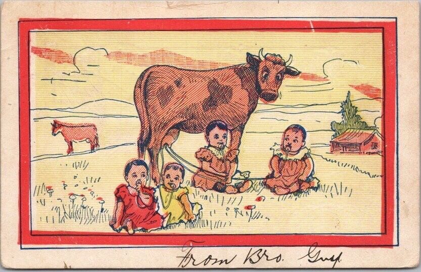 Vintage 1900s Farm Comic Postcard Cow Feeding Four Human Babies / 1907 Cancel
