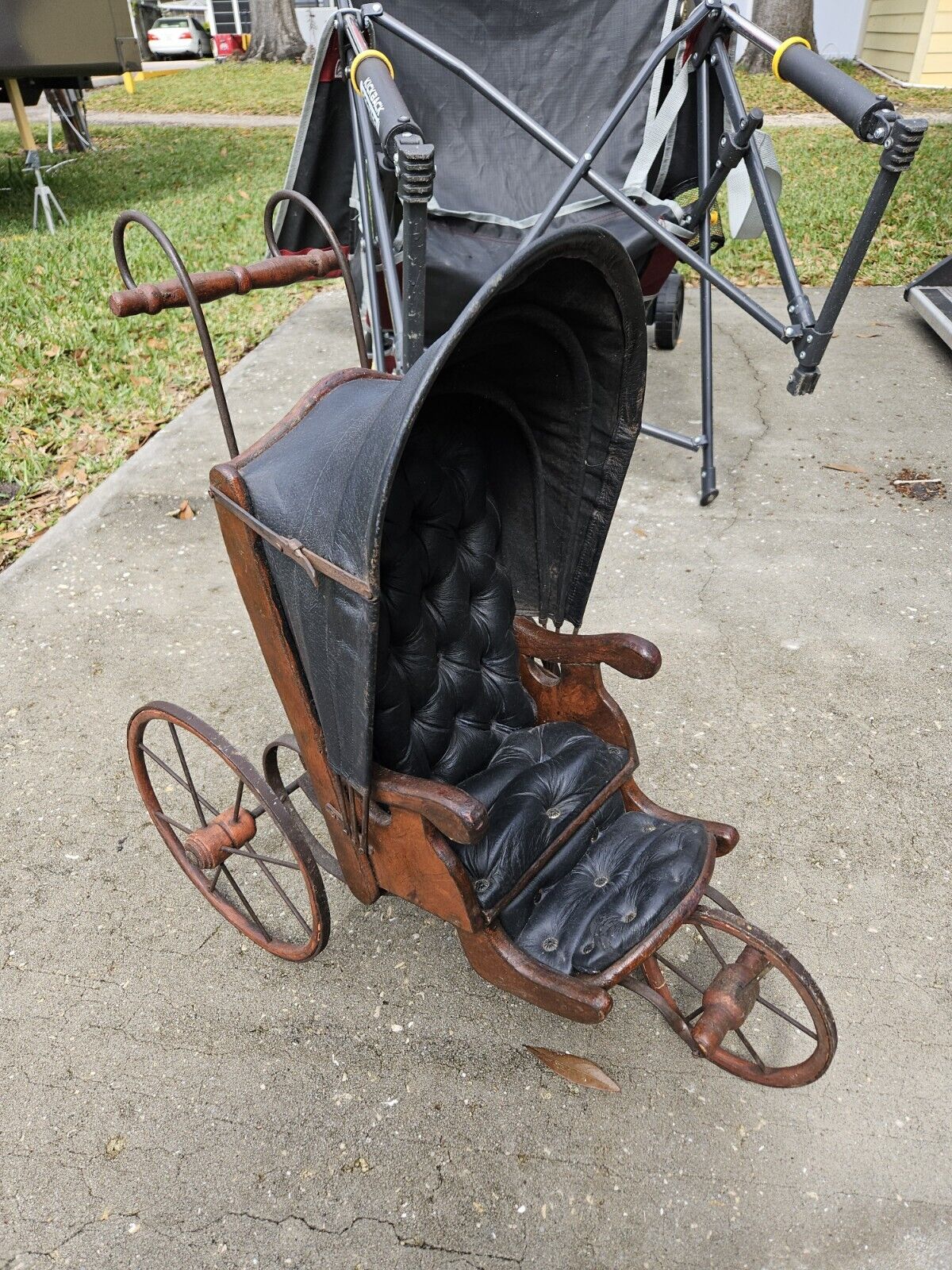 RARE ENGLISH WOODEN DOLL PERAMBULATOR OF MID-1800S 