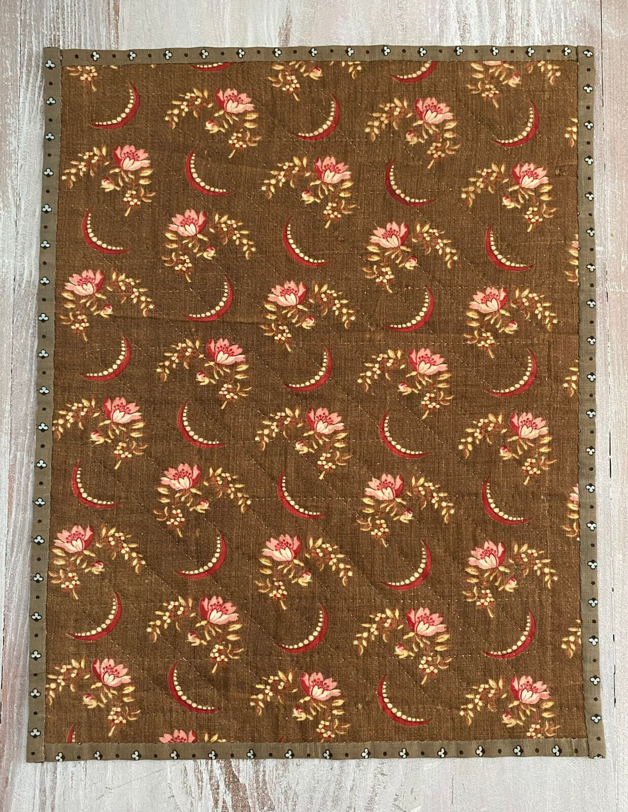 Miniature Doll Quilt 1800's Antique Fabric - Handquilted  10 1/2" x 13 1/2"