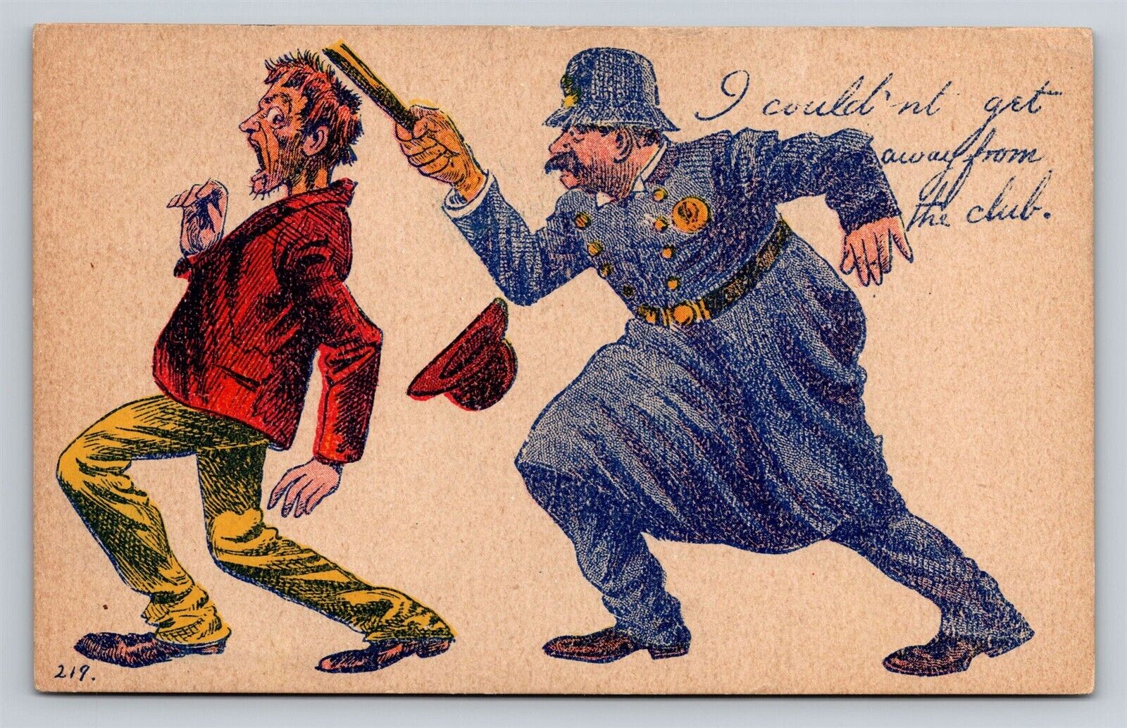 I couldn't get away from the club Comic Postcard Man hit by Police Officer 1900s