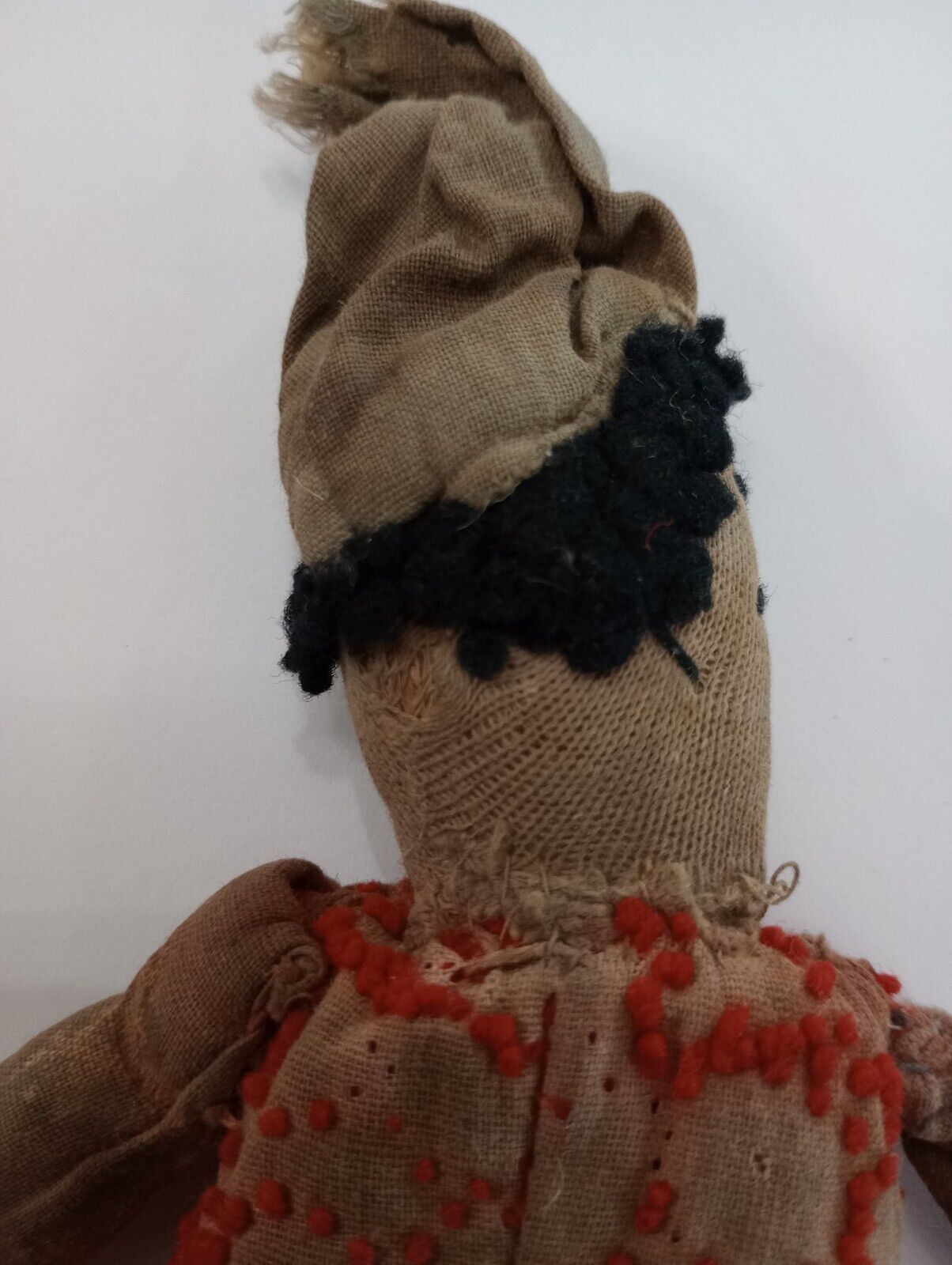 1800's Antique Saw Dust Cloth Candlewicking Jester Slave Doll Primitive Folk