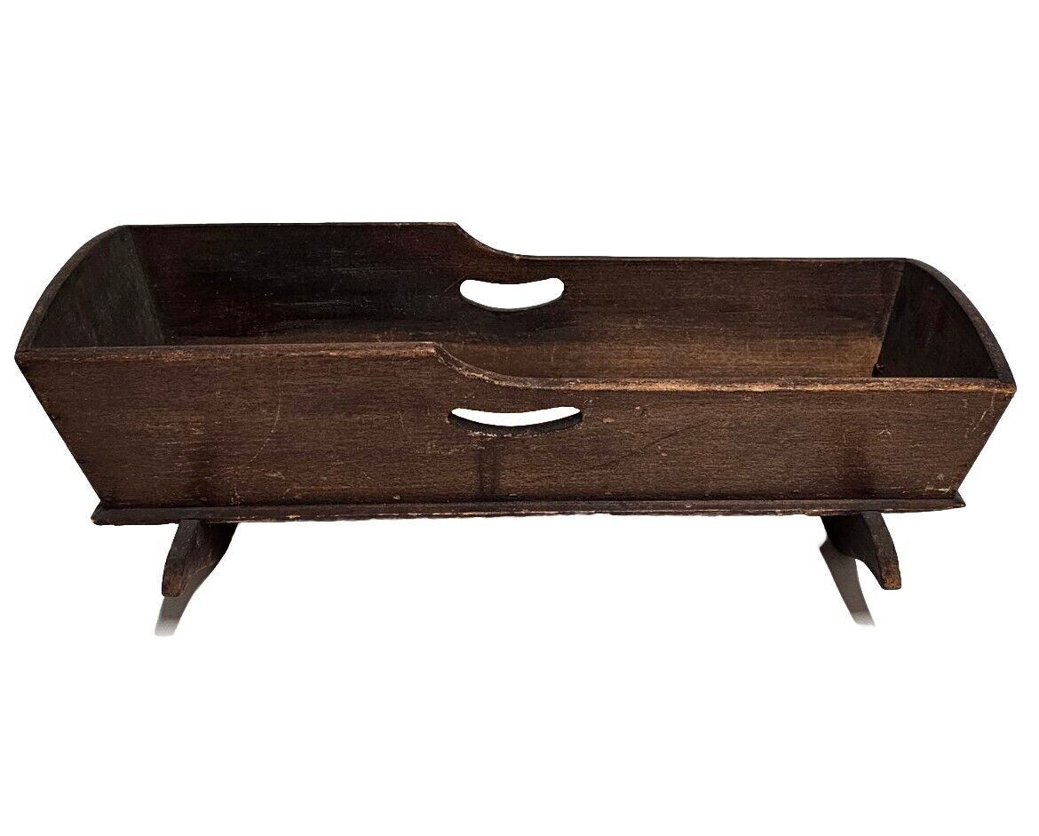 ANTIQUE 1800's Square Nail 17.5" Wooden Doll Cradle with Pillows, Mattress