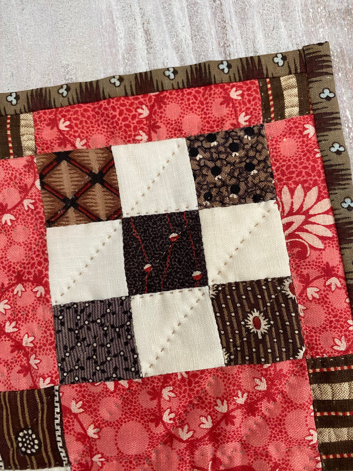 Miniature Doll Quilt 1800's Antique Fabric - Handquilted  10 1/2" x 13 1/2"