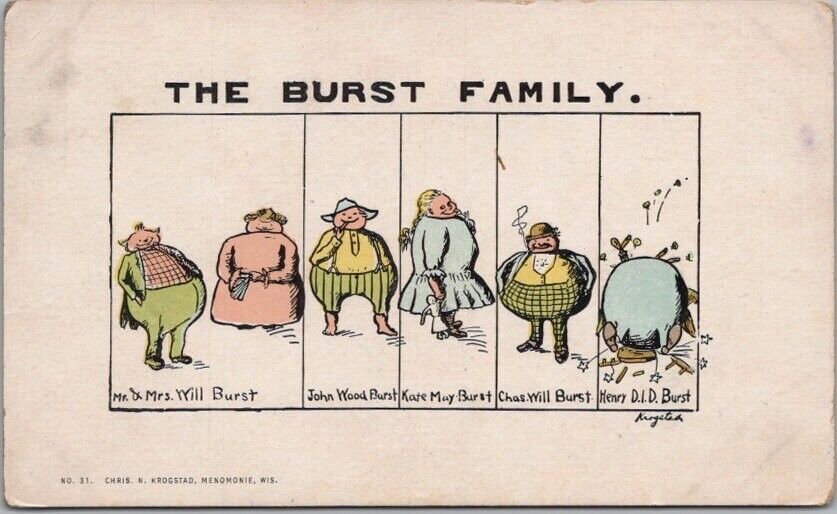 Vintage 1900s Artist-Signed KROGSTAD Comic Postcard "THE BURST FAMILY" Unused