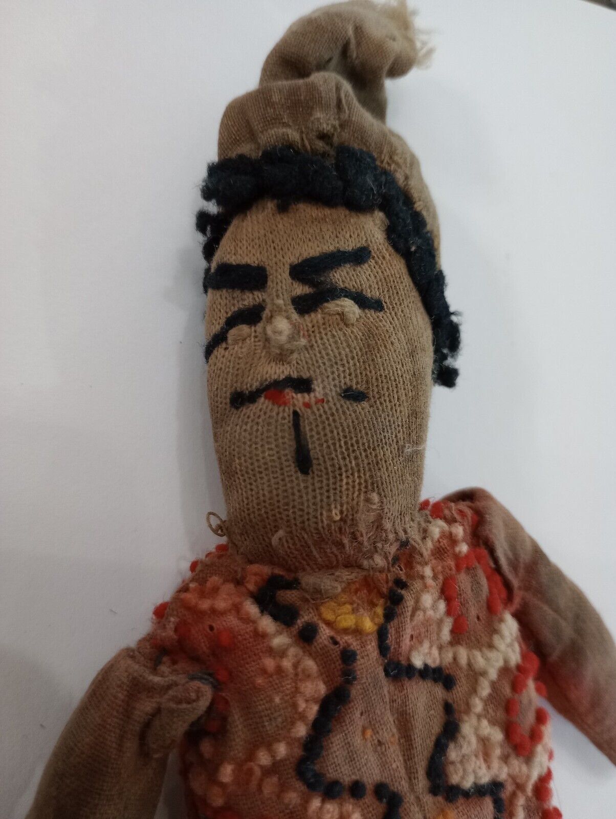 1800's Antique Saw Dust Cloth Candlewicking Jester Slave Doll Primitive Folk