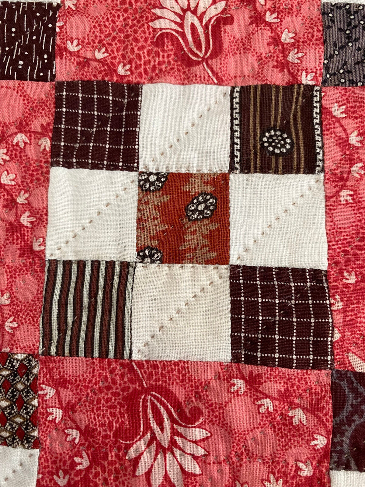 Miniature Doll Quilt 1800's Antique Fabric - Handquilted  10 1/2" x 13 1/2"