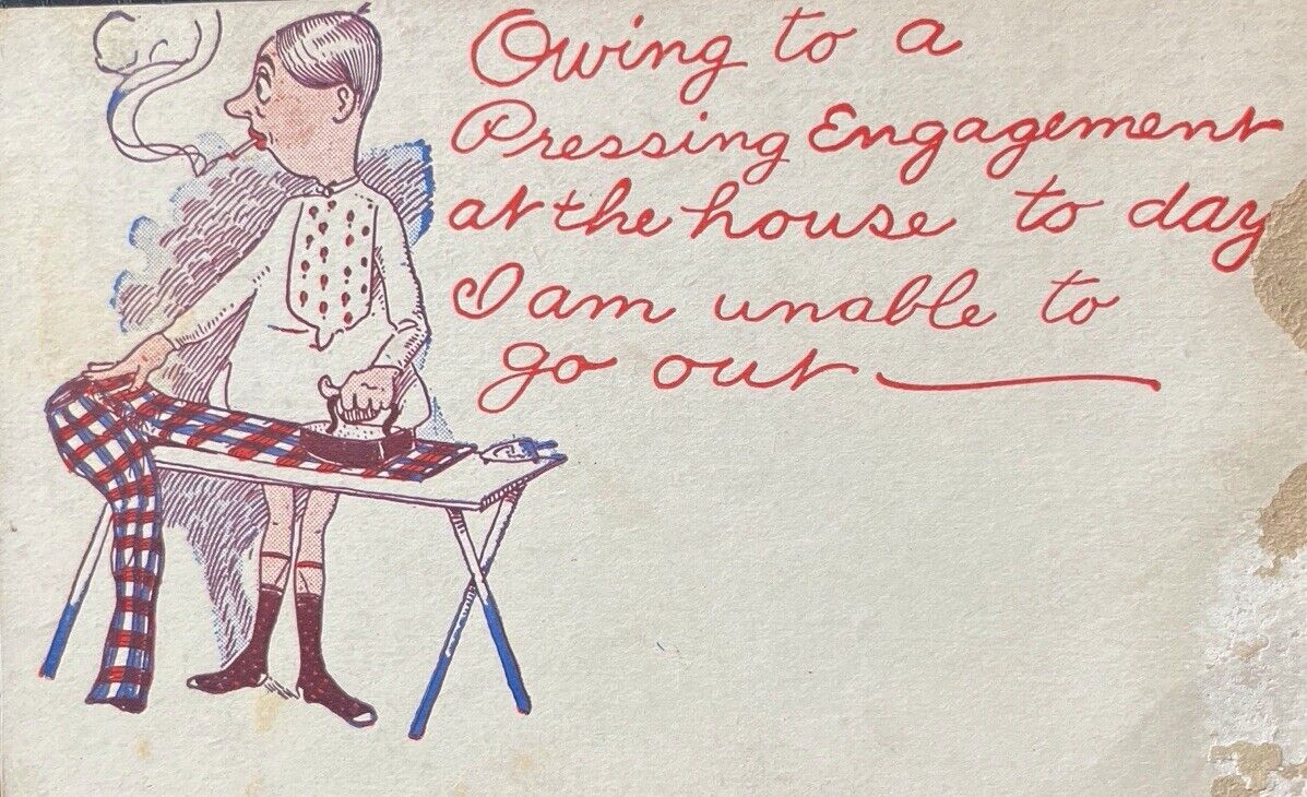 Pantless Man Ironing Plaid Pants Comic Joke Artist Card Early 1900s Undivided