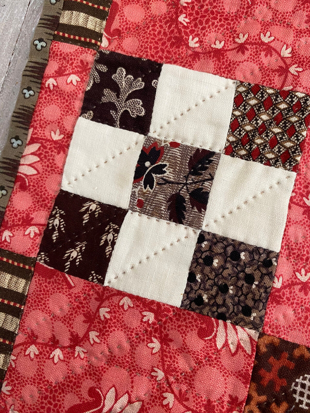 Miniature Doll Quilt 1800's Antique Fabric - Handquilted  10 1/2" x 13 1/2"