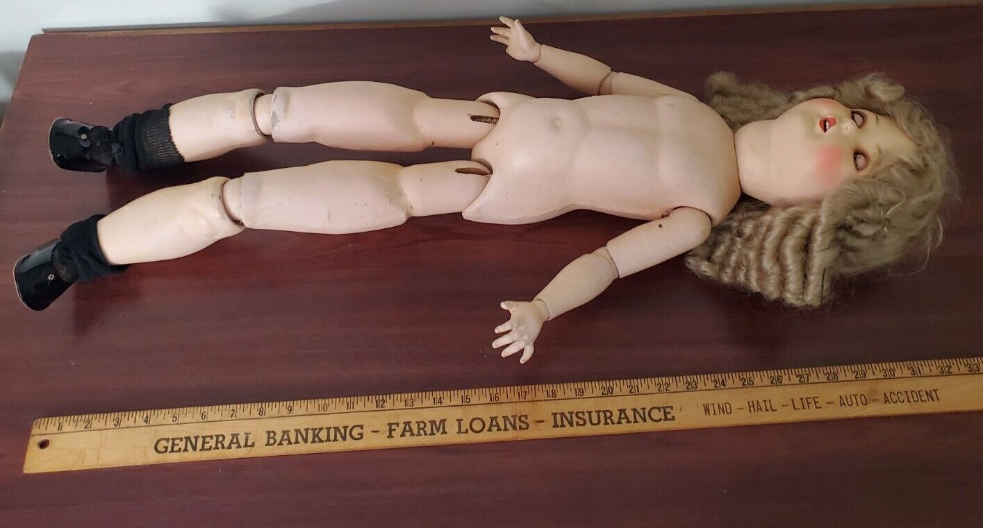 33" Antique 1800s Childrens German Bisque Body Doll Sleeping Eyes Jointed Body