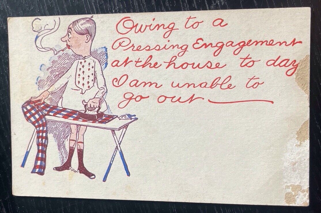 Pantless Man Ironing Plaid Pants Comic Joke Artist Card Early 1900s Undivided