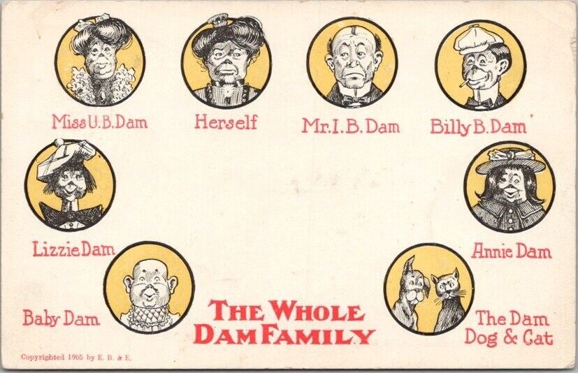 Vintage 1900s Comic Greetings Postcard "THE WHOLE DAM FAMILY" Undivided Back