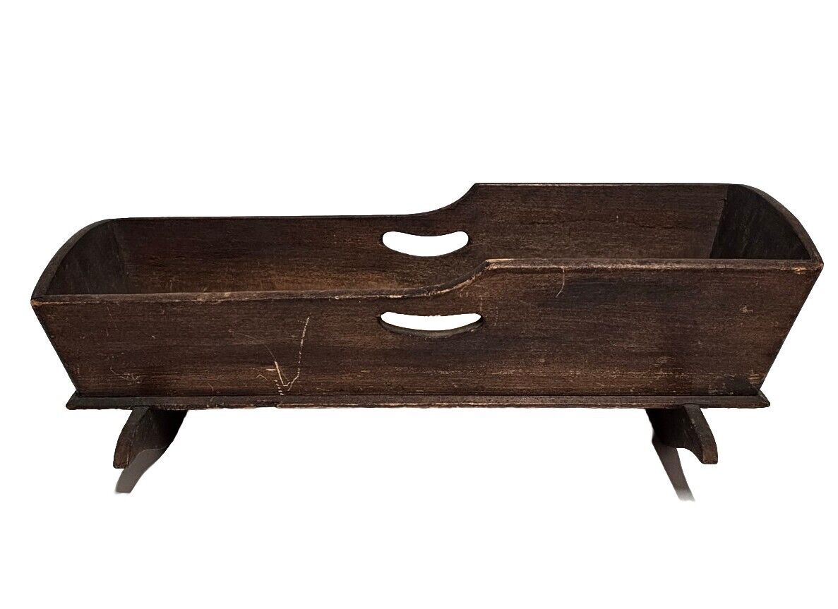 ANTIQUE 1800's Square Nail 17.5" Wooden Doll Cradle with Pillows, Mattress