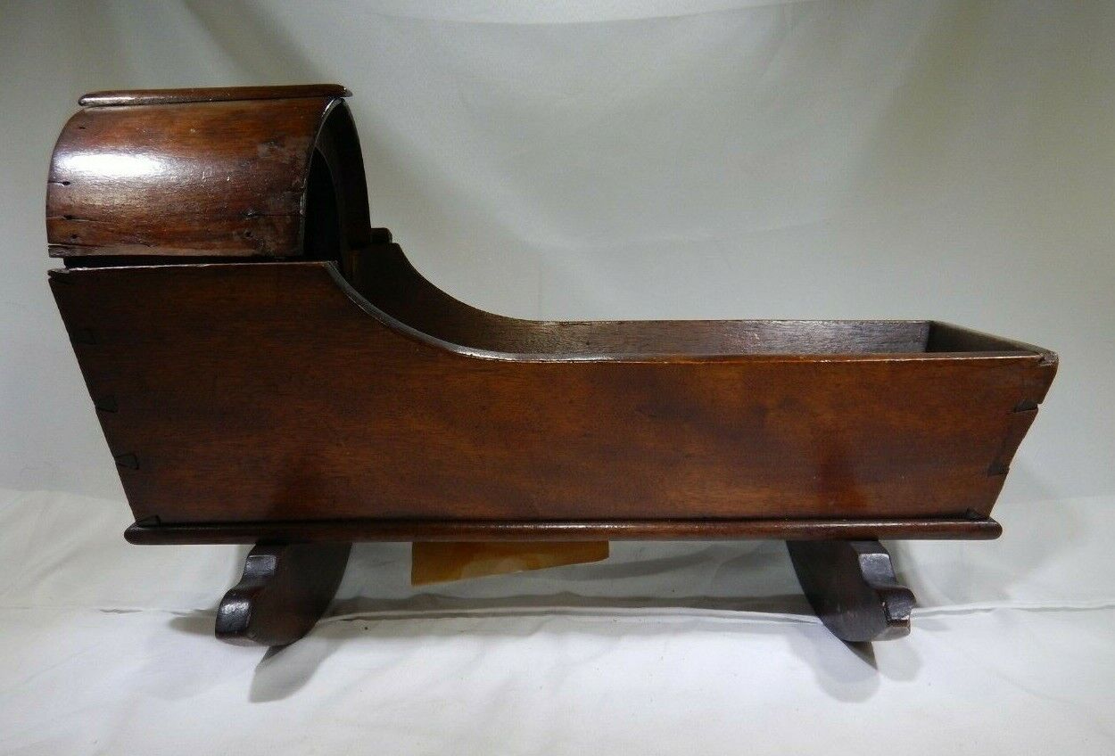 ANTIQUE PRIMITIVE DOLL 1800s Handmade ROCKING CRADLE SN