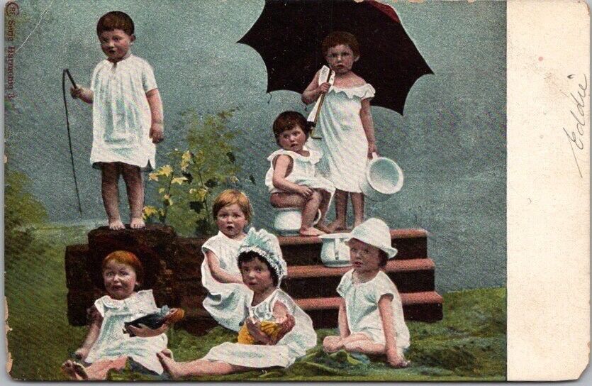 Vintage 1900s Bathroom / Potty Humor Comic Postcard Kids & Babies / CHAMBER Pots