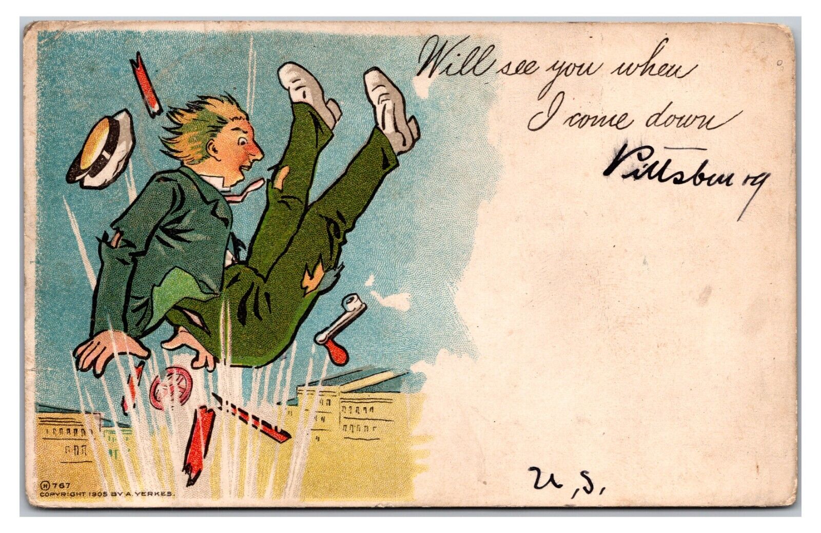 Early 1900s "Old Car Explosion" Funny Old Man Comic Postcard (Posted 1907)