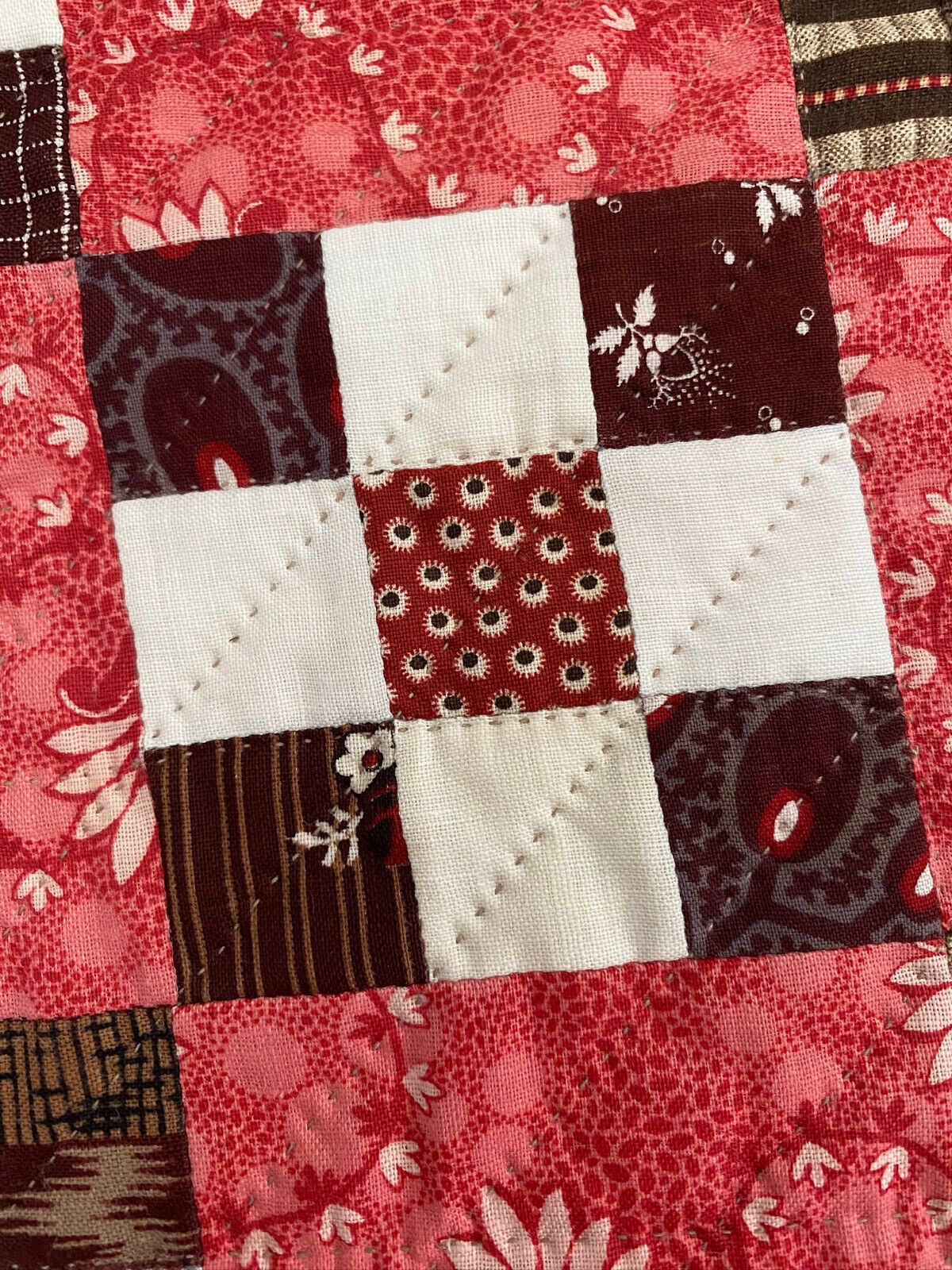 Miniature Doll Quilt 1800's Antique Fabric - Handquilted  10 1/2" x 13 1/2"