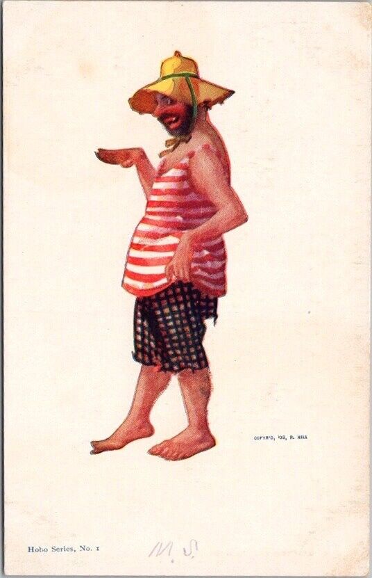 Vintage 1900s Comic Greetings Postcard "Hobo Series No. 1" Beach Bum / D. HILL