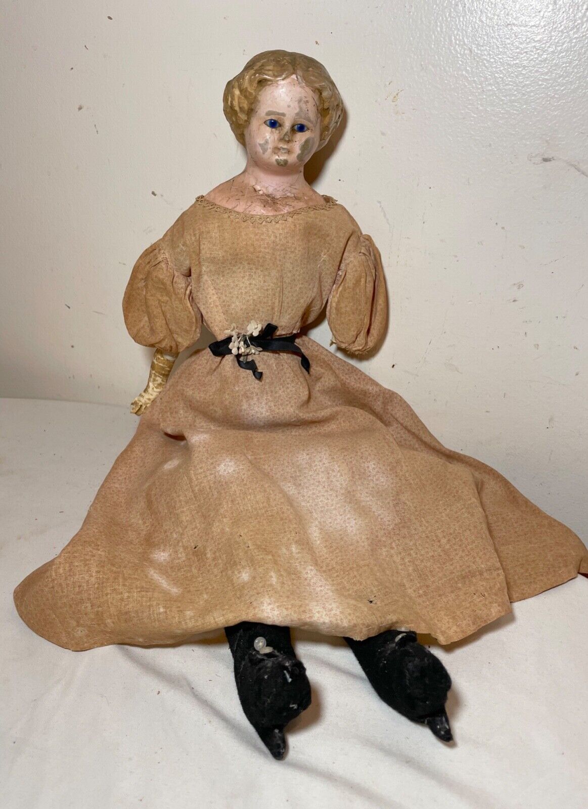 rare 1800's antique German papier mache 21.5 inch handmade lady porcelain doll