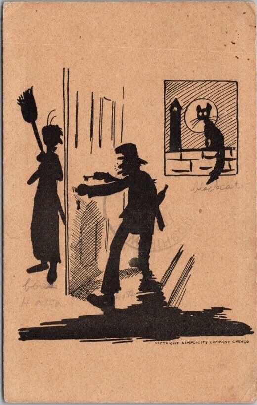 c1900s SILHOUETTE ART Comic Postcard Drunk Man Wife with Broom / Chicago