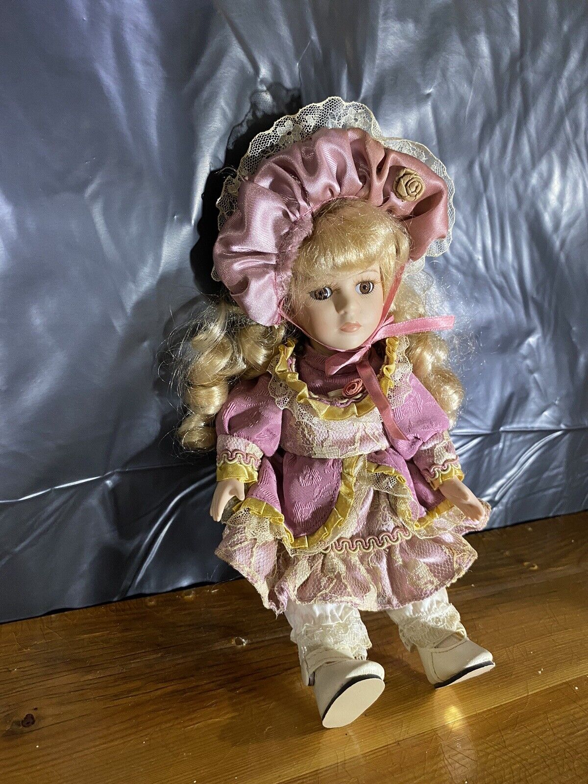 Porcelain Doll 1800s Attire Pink Bonnet