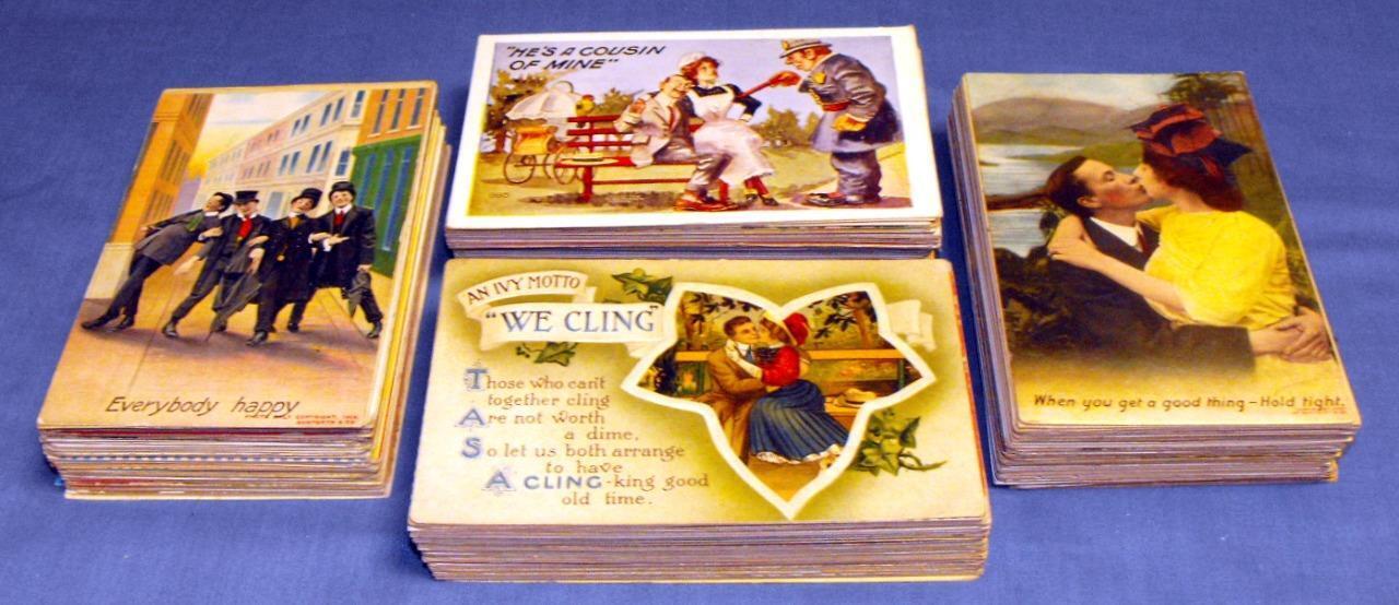 LOT OF 280 EARLY 1900s POSTCARDS HUMOR ROMANCE COMEDY