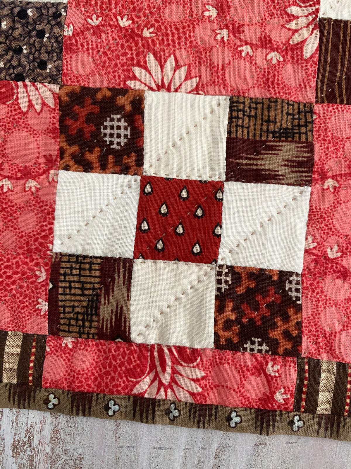 Miniature Doll Quilt 1800's Antique Fabric - Handquilted  10 1/2" x 13 1/2"