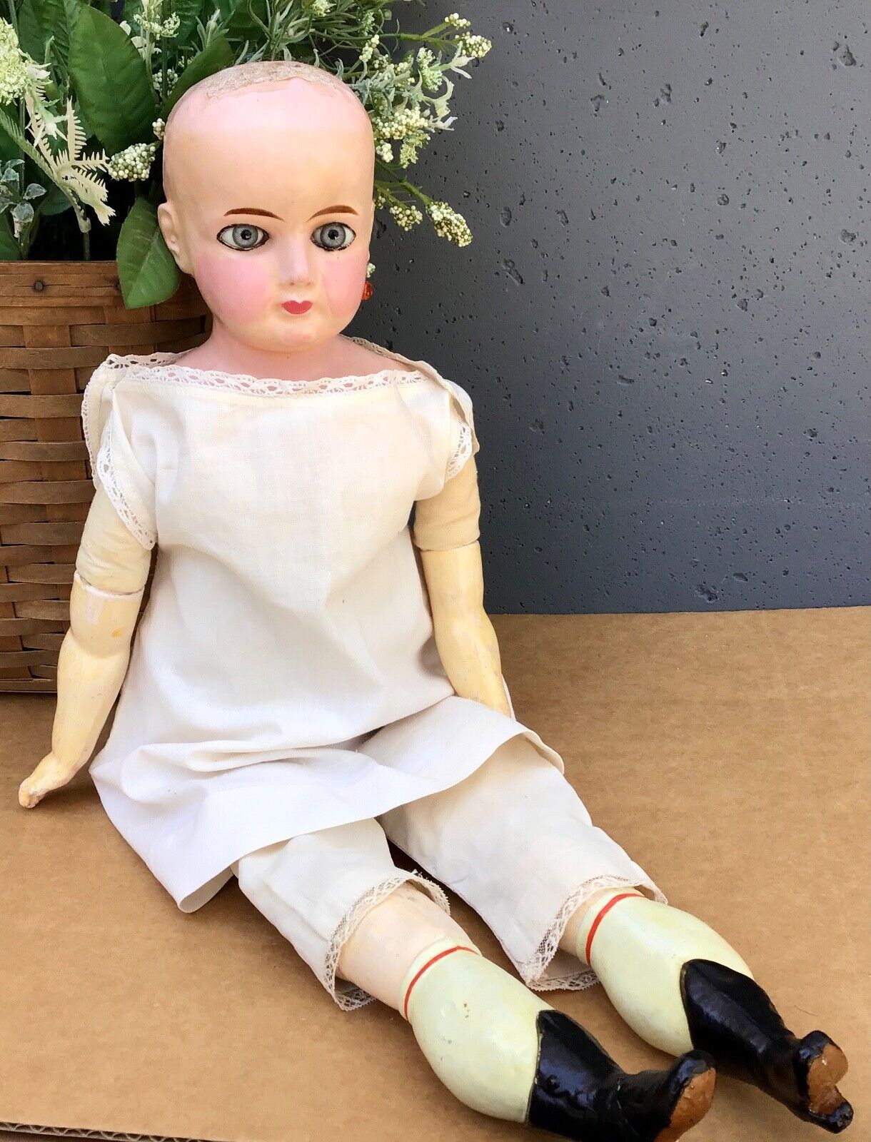 RARE Gorgeous Late 1800s Wax Over Composition 26 Inch Antique Doll - Mohair Wig