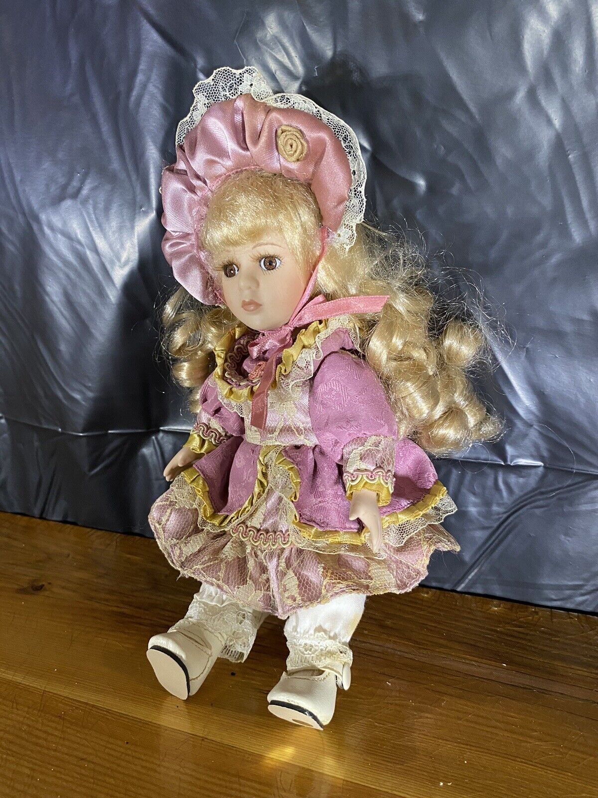 Porcelain Doll 1800s Attire Pink Bonnet