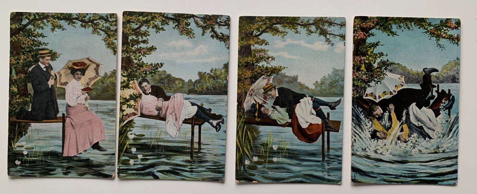 Vintage ca 1900s (4) Romance Comic Postcards Man Lady Woman Couple on Dock