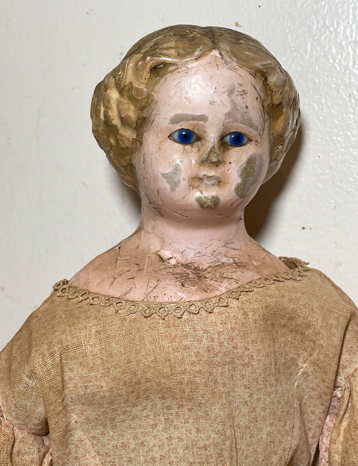 rare 1800's antique German papier mache 21.5 inch handmade lady porcelain doll
