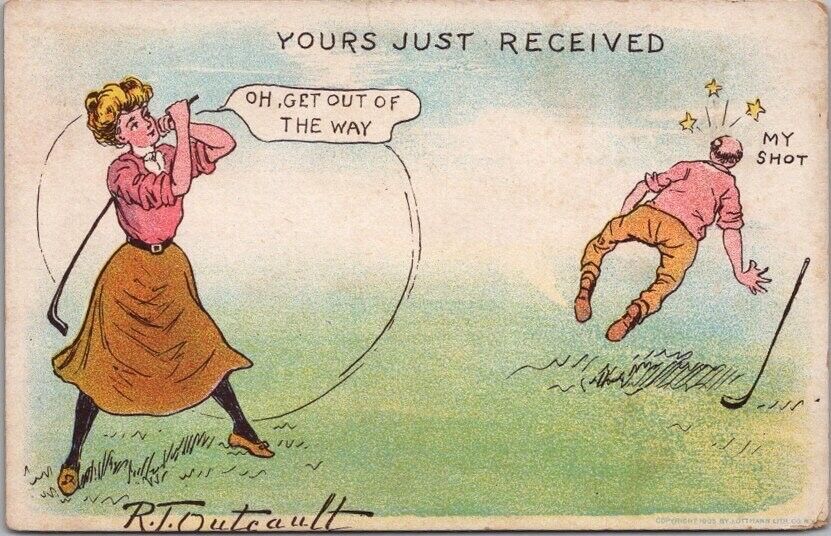 c1900s Artist-Signed R.F. OUTCAULT Comic Postcard GOLF "Yours Just Received"