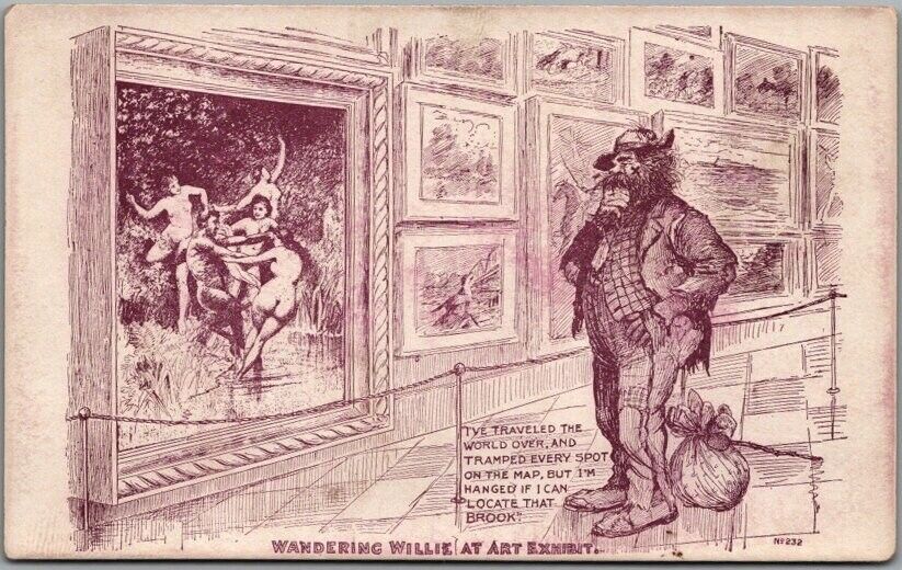 Vintage 1900s Comic Greetings Postcard "WANDERING WILLIE AT ART EXHIBIT" NO. 232